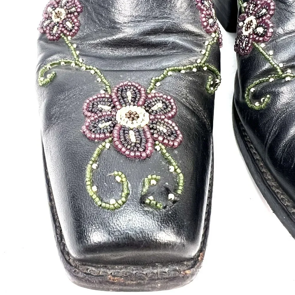 Tres Outlaws Hand Beaded Black Leather Mules Boots Booties Square Toe Size 7C